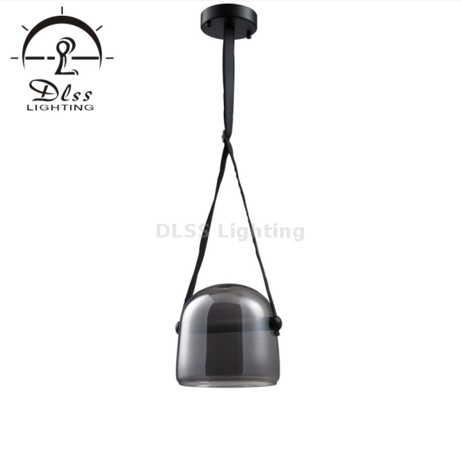 Lampă suspendată retro industrială, sticlă fumurie, cablu din piele ecologică