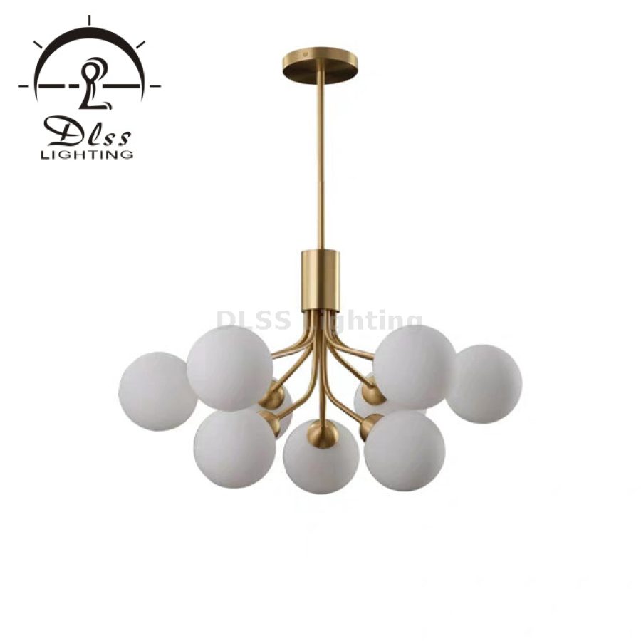 Candelabru cu 9 globuri din sticlă albă, formă floare aurie