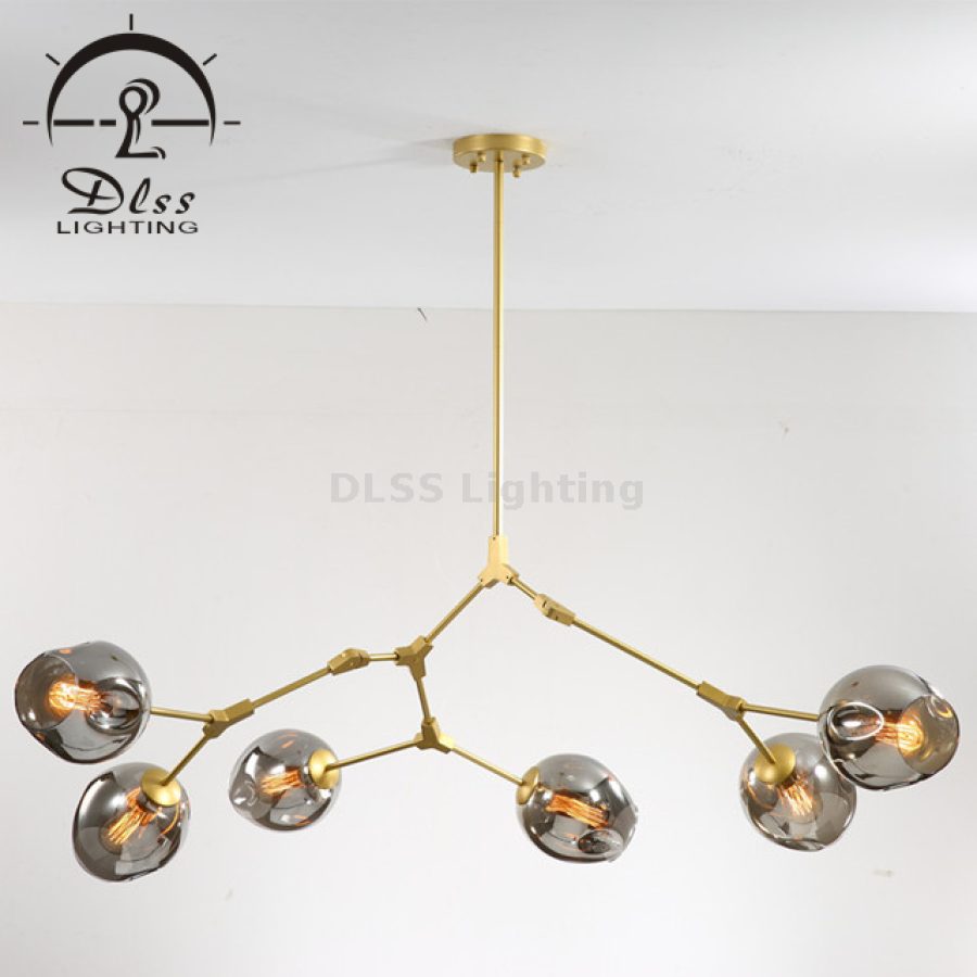 Candelabru suspendat auriu, sticlă fumurie, 6 lumini