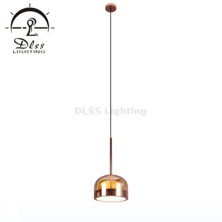Lustră suspendată LED, sticlă chihlimbarie, metal cupru, 9705