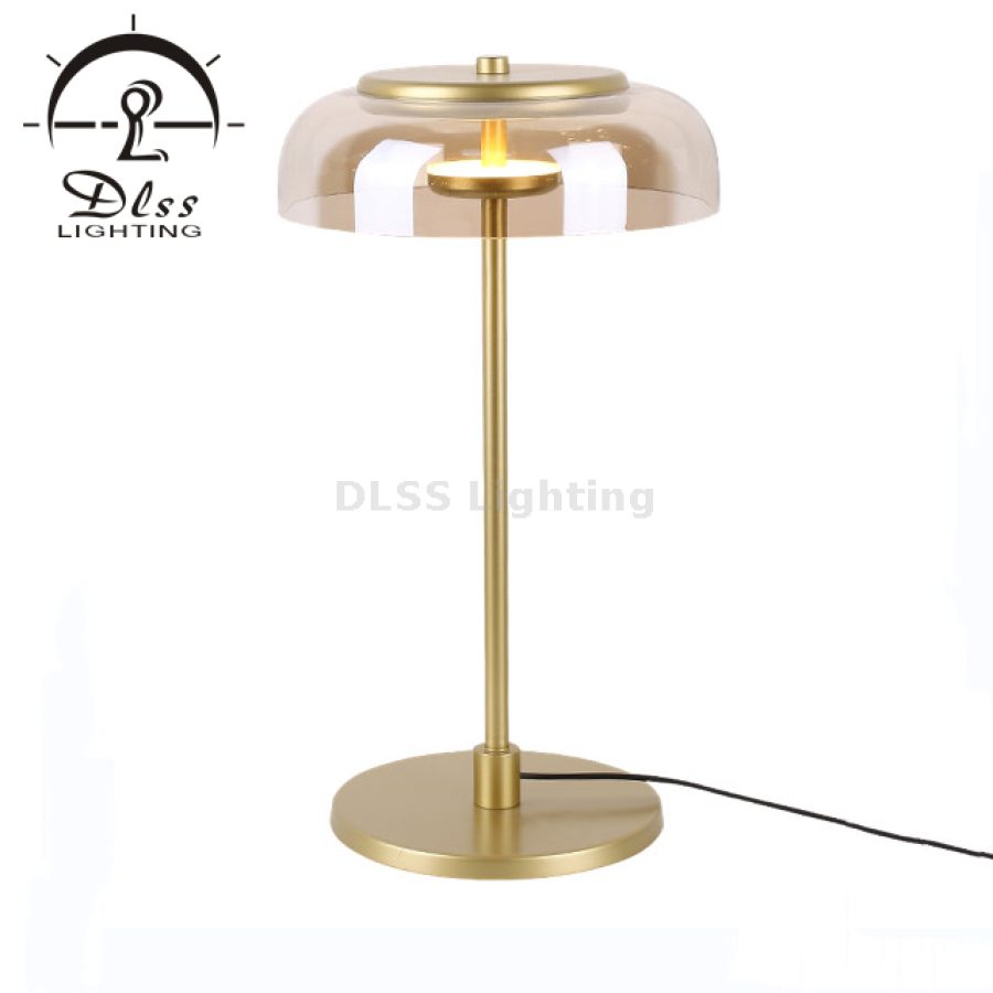 Lampă de masă LED, abajur din sticlă chihlimbarie, corp auriu, 9965