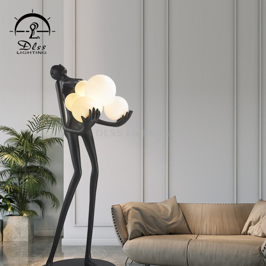 Lampadar DLSS mare, rășină neagră, sticlă opal, LED