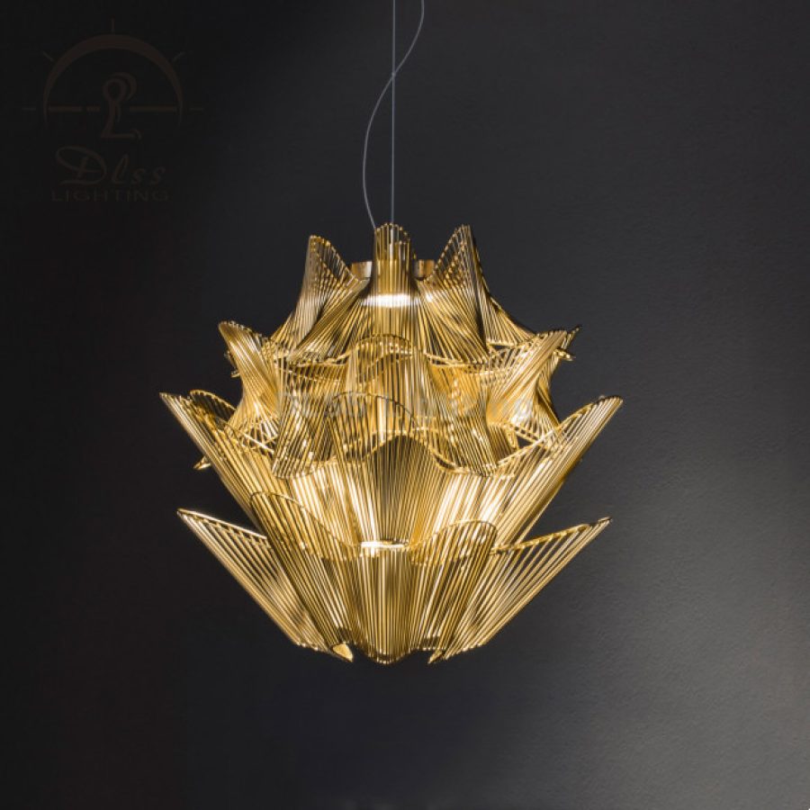 Lustră suspendată tip cușcă, metal auriu, stil loft