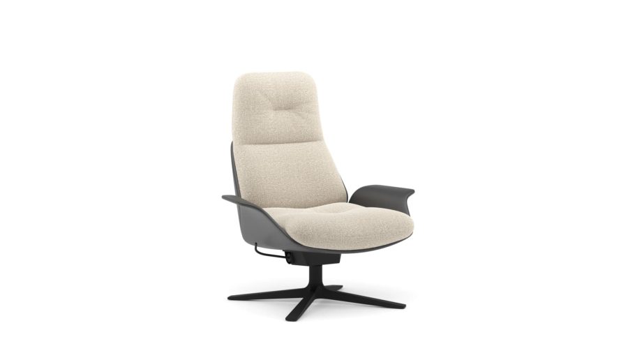 Scaun Rei easy, fotoliu cu cotieră și spătar înalt tapițat în piele/textil, bază pivotantă cu mecanism de rabatare
